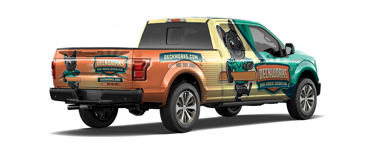 Deckworks Custom Truck Bed Wrap Custom truck bed wrap with Deckworks branding and graphic design.